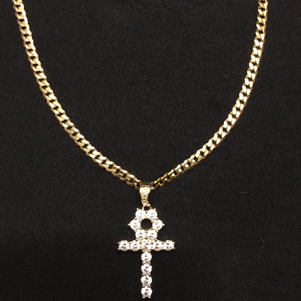 Gold Chain Cuban 4mm with Ankh Cross Pendant